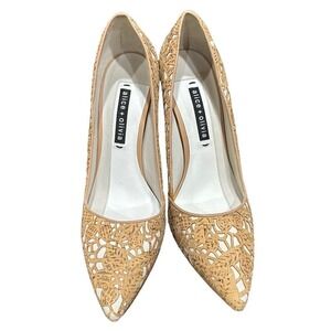 Alice + Olivia Dina Heel Natural Laser Cut Cork & White Canvas Sz 8.5/9- EU 40
